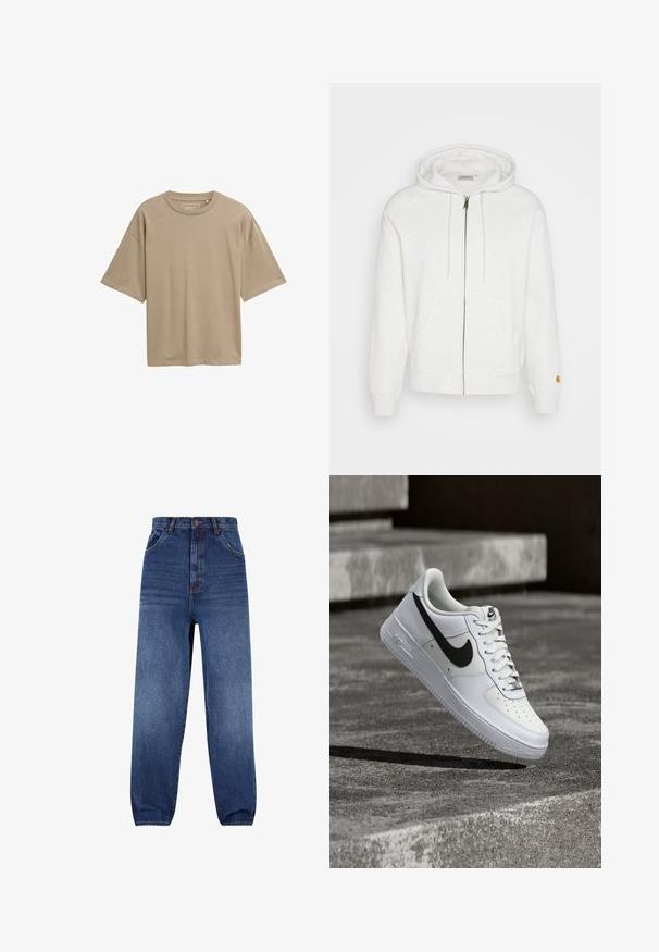 Biela mikina na zips vyrobená z mäkkého materiálu, s kapucňou, prednými vreckami a rebrovanými manžetami. Zlaté kovové detaily pri zipsi.; Beige tričko s krátkym rukávom, vo voľnom strihu, s okrúhlym výstrihom a hladkou textúrou. Žiadne viditeľné vzory ani hardvérové detaily.; Džínsy v tmavomodrej farbe. Vysoký pás s voľným strihom. Obsahuje predné vrecká a jemný efekt vyblednutia na nohách.; Biela teniska Nike Air Force 1 s čiernym logom swoosh, zaviazanými šnúrkami, umiestnená vo vzduchu nad textúrovaným betónovým povrchom vonku.