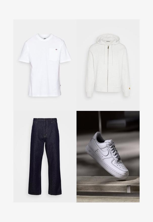 Sweat à capuche blanc zippé en tissu doux, avec une capuche, des poches avant et des poignets côtelés. Détails en métal doré près de la fermeture éclair.; T-shirt en coton blanc avec un col rond, des manches courtes et une poche poitrine arborant un petit logo de la marque sur le côté gauche.; Jean en denim droit bleu foncé avec poches avant, passants de ceinture, braguette zippée et fermeture à bouton, présenté sur un fond blanc uni.; La basket Nike Air Force 1 en cuir blanc présente un embout perforé, des lacets plats et une semelle en caoutchouc texturée avec le logo « AIR » sur le côté.