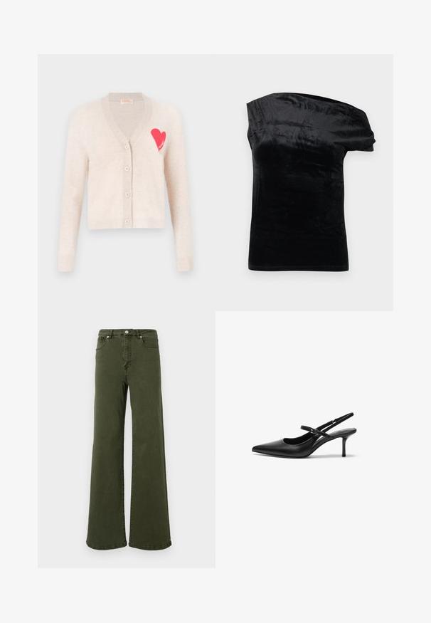 Cardigan beige avec un col en V, des manches longues et un design de cœur rose sur la poitrine gauche. Comprend cinq boutons et des poignets côtelés.; Haut en velours noir à une épaule avec une manche courte sur le côté droit et une silhouette ajustée.; Jean évasé vert olive en coton, avec taille haute, design à cinq poches, bouton en métal et détails de couture le long des coutures.; Talons aiguilles noires en cuir avec un bout pointu, une fine bride réglable, et un talon aiguille d'environ 5 cm, texture lisse.