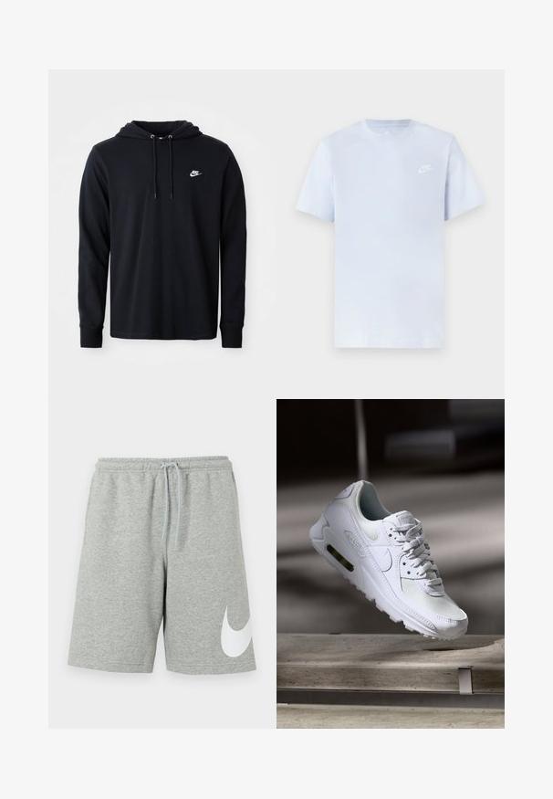Čierna mikina s dlhým rukávom značky Nike s kapucňou na šnúrku a malým bielym logom Nike na ľavej hrudi, vystavená na jednofarebnom bielom pozadí.; Svetlomodré bavlnené tričko s krátkymi rukávmi, okrúhlym výstrihom a bielym logom Nike potlačeným na ľavej hrudi. Hladká textúra, jednoduchý dizajn.; Svetlosivé športové šortky s elastickým pásom, šnúrkou a veľkým bielym logom Nike Swoosh na spodnej ľavej nohavici.; Biele tenisky Nike Air Max 90 s vrchnou časťou z kože a sieťoviny, perforovanou špičkou a viditeľnou vzduchovou jednotkou v päte.