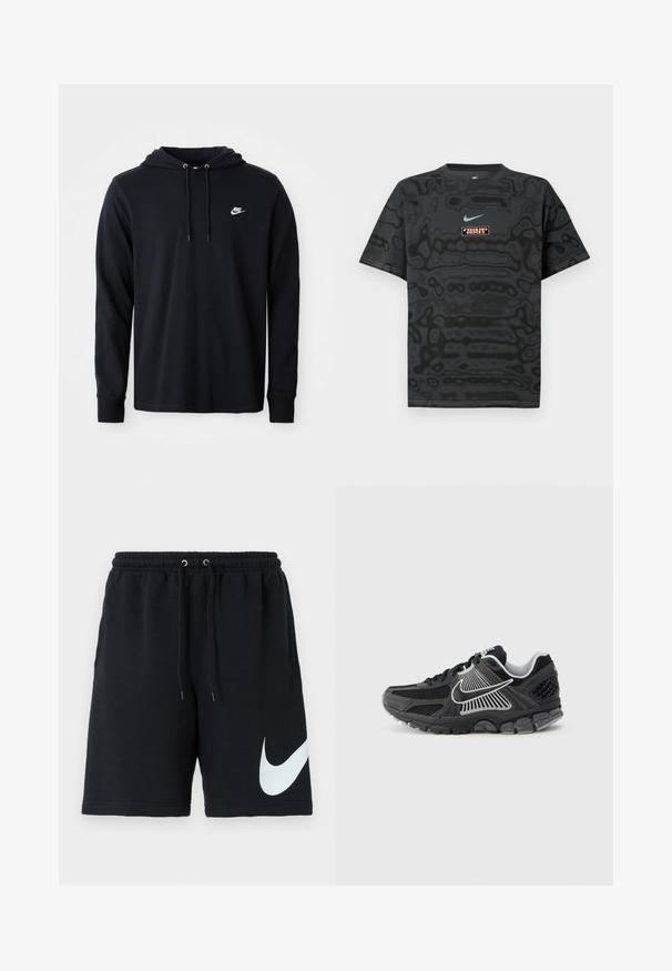 Čierna mikina s dlhým rukávom značky Nike s kapucňou na šnúrku a malým bielym logom Nike na ľavej hrudi, vystavená na jednofarebnom bielom pozadí.; Čierne tričko s textúrovaným vzorom, s malým logom Nike v svetlomodrej farbe a obdĺžnikovou nášivkou s logom v kontrastných farbách.; Čierne bavlnené šortky s elastickým pásom, šnúrkou, bočnými vreckami a veľkým bielym logom Nike potlačeným na ľavej strane.; Čierna športová obuv s panelmi z sieťoviny a syntetickými detailmi. Má zaoblenú špičku, hrubú odpruženú podrážku a kontrastné biele logo.