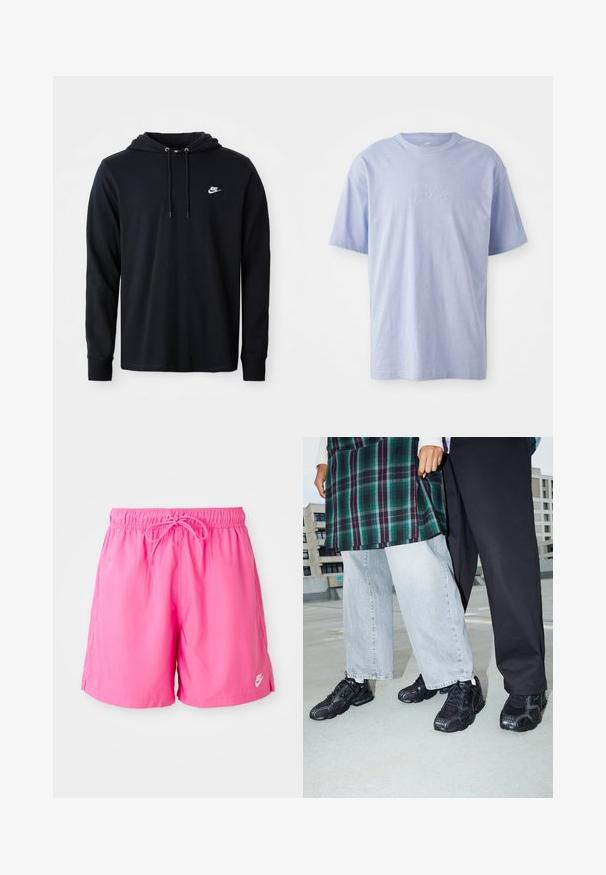 Must mustaga nike kapuutsiga, millel on paela ja väike valge nike logo vasakul rindkere piirkonnas, esitatud lihtsal valgel taustal.; Heleheles sinine puuvillane T-särk ümmarguse kaelusega ja lühikeste varrukatega. Ees keskel on reljeefne "nike" logo. Pehme tekstuur.; Roosa sportlikud lühikesed püksid elastse vöökoht ja paelaga. Valmistatud kergest materjalist, külgedel lõhikud ja väike logo üksikasjaga.; Mustad mustad jalanõud, millel on võrkkangast ja kummist aktsendid. Kannab heledat halli laiade jalgadega teksapükse ja ruudulist rohelisest topi. Lame pind taust.