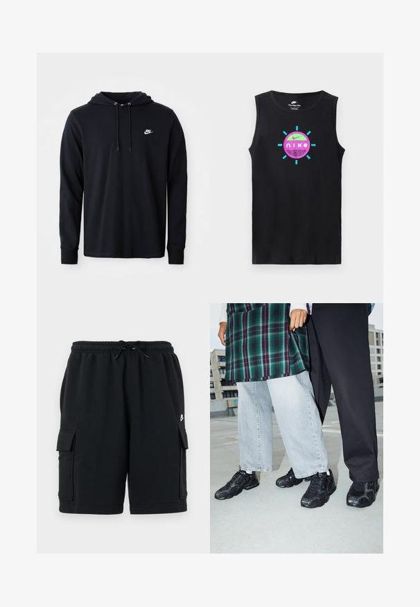 Sweat à capuche noir à manches longues Nike avec cordon de serrage et petit logo Nike blanc sur la poitrine gauche, présenté sur un fond blanc uni.; T-shirt sans manches noir avec un graphique circulaire en violet et turquoise, portant le texte "Nike", accentué par des rayons turquoise autour du design.; Shorts cargo en coton noir avec une taille élastique et un cordon de serrage, présentant deux poches latérales et un petit logo en accent.; Baskets de sport noires avec des accents en mesh et en caoutchouc. Portées avec un jean large gris clair et un haut à carreaux vert. Fond à surface plane.