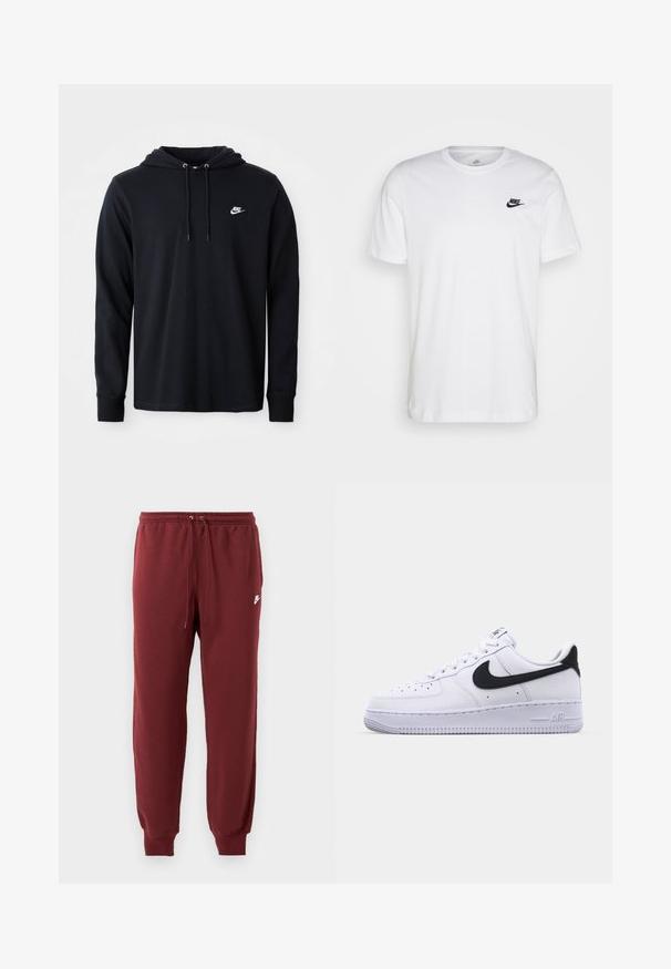 Sudadera negra de Nike de manga larga con capucha ajustable y pequeño logo blanco de Nike en el lado izquierdo del pecho, exhibida sobre un fondo blanco liso.; Camiseta de algodón blanca con cuello redondo, mangas cortas y un logo negro de Nike en el lado izquierdo del pecho. Diseño simple en un color sólido.; Pantalones de chándal burdeos hechos de una tela suave, con una cinturilla elástica y cordón, y puños ajustados, marcados con un pequeño logotipo blanco.; Zapatilla blanca de cuero con un Swoosh negro texturizado, cordones planos y una suela de goma con un patrón estriado. "AIR" está grabado en el talón.
