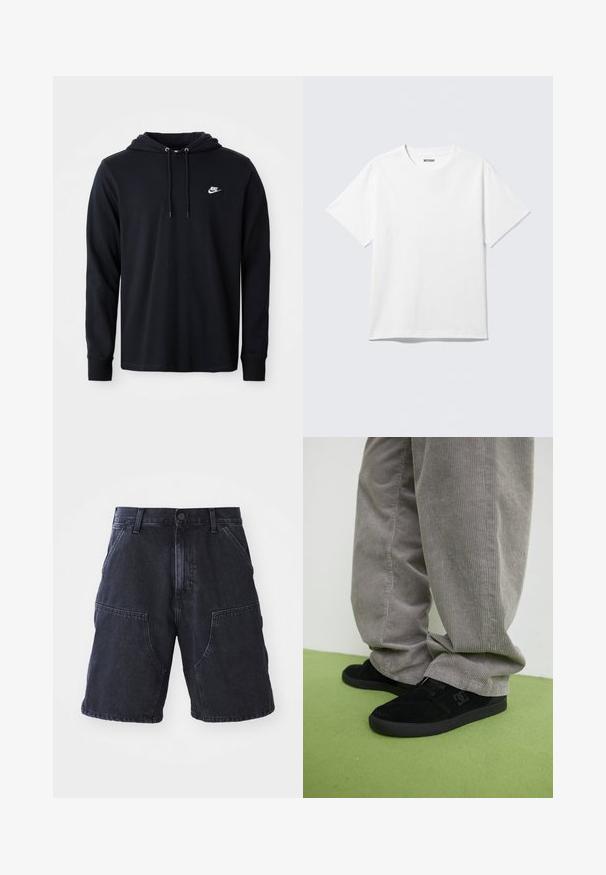 Schwarze Nike-Hoodie mit langen Ärmeln und Kapuze mit Kordelzug sowie kleinem weißen Nike-Logo auf der linken Brust, präsentiert vor einem schlichten weißen Hintergrund.; Weißes T-Shirt mit kurzen Ärmeln und Rundhalsausschnitt, flach liegend, schlichtes Design, mit „WEEKDAY“-Etikett innen im Kragen auf hellem Hintergrund.; Dunkelblaue Denim-Shorts mit geradem Schnitt, großen Fronttaschen und Knopfverschluss; glatte Textur und minimale Nähdetails.; Schwarze Wildleder-Skate-Schuhe mit strukturiertem Finish und einem Logo, kombiniert mit grauen Cordhosen, die eine gerippte Textur aufweisen. Grüner Fußboden.