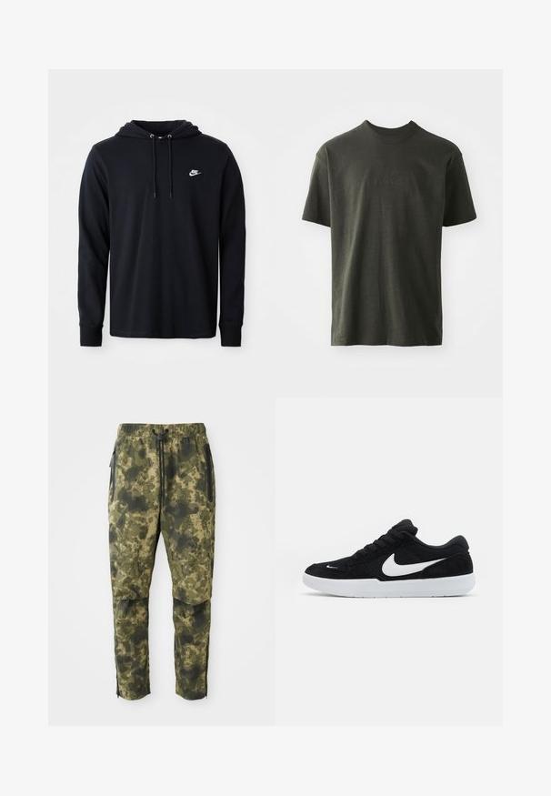 Čierna mikina s dlhým rukávom značky Nike s kapucňou na šnúrku a malým bielym logom Nike na ľavej hrudi, vystavená na jednofarebnom bielom pozadí.; Tmavohnedé tričko vyrobené z jemnej látky, s kulatým výstrihom a krátkymi rukávmi. Vyšívané logo "nike" v mierne tmavšej zelenej.; Kárované nohavice v rôznych odtieňoch zelenej farby s digitálnym vzorom. Vybavené elastickým pásom, šnúrkou na stiahnutie a bočnými vreckami so zipsom.; Čierne semišové tenisky s bielymi akcentmi, so zaoblenou špičkou, hrubou bielou podrážkou a čiernymi šnúrkami. Výrazné biele logo Nike na boku.