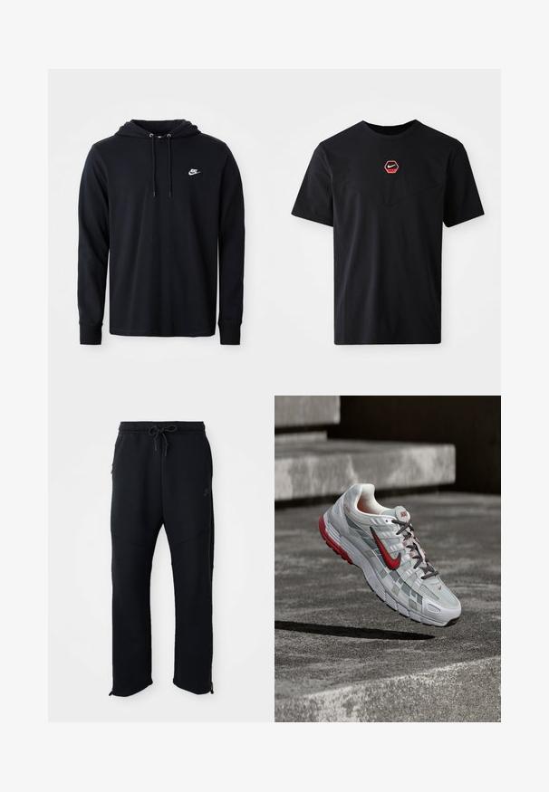Čierna mikina s dlhým rukávom značky Nike s kapucňou na šnúrku a malým bielym logom Nike na ľavej hrudi, vystavená na jednofarebnom bielom pozadí.; Čierne tričko s krátkym rukávom z bavlny, s červeno-bielym šesťuholníkovým logom Nike na hrudi a zaobleným výstrihom.; Čierne športové nohavice s elastickým pásom a šnúrkou, majú postranné vrecká, zúžené nohavice a zipsy na členkoch. Hladká textúra.; Bielo-sivá bežecká topánka Nike s červenými detailmi a čiernymi šnúrkami, visiaca nad sivými betónovými schodmi.