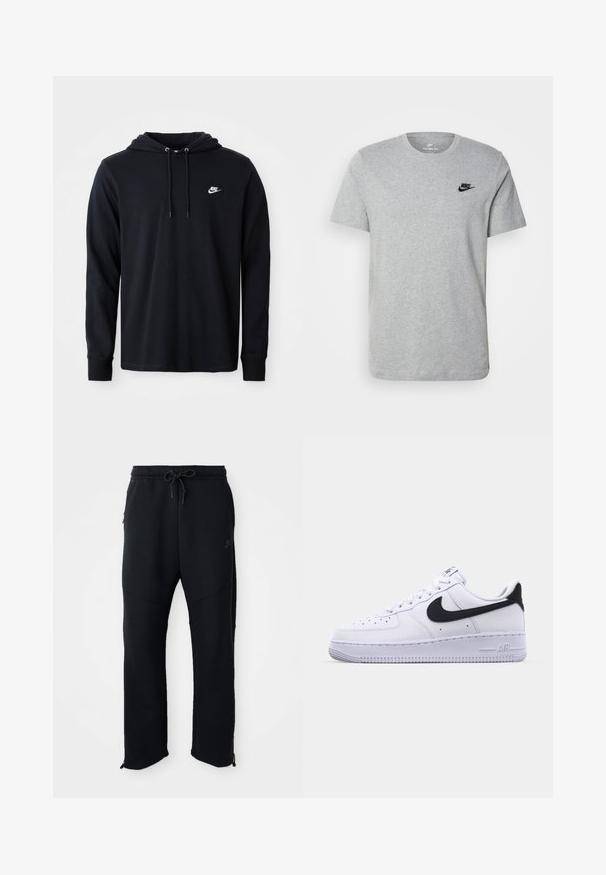 Zwarte lange mouw Nike hoodie met trekkoordcapuchon en klein wit Nike logo op de linkerkant van de borst, weergegeven op een eenvoudige witte achtergrond.; Grijze T-shirt met korte mouwen van katoen, voorzien van een zwart Nike-logo op de borst en een ronde halslijn. Minimalistisch ontwerp zonder patronen.; Zwarte sportbroek met elastische tailleband en trekkoord, met zijzakken, taps toelopende pijpen en ritsen bij de enkels. Glad textuur.; Witte leren sneaker met een gestructureerde zwarte Swoosh, platte veters en een rubberen zool met een geribbeld patroon. "AIR" is in de hak geperst.