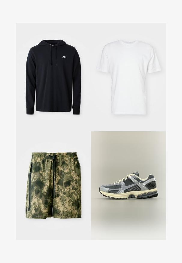 Schwarze Nike-Hoodie mit langen Ärmeln und Kapuze mit Kordelzug sowie kleinem weißen Nike-Logo auf der linken Brust, präsentiert vor einem schlichten weißen Hintergrund.; Weißes Baumwoll-T-Shirt mit kurzen Ärmeln, Rundhalsausschnitt und glatter Textur. Einfaches Design ohne Muster oder Grafiken.; Tarnfarben Badehose in Grüntönen, aus leichtem Stoff gefertigt, mit elastischem Bund, Kordelzug und Seitentaschen.; Grauer und schwarzer Nike Laufschuh mit weißen Schnürsenkeln und beiger Sohle, von der Seite auf neutralem Hintergrund gezeigt.