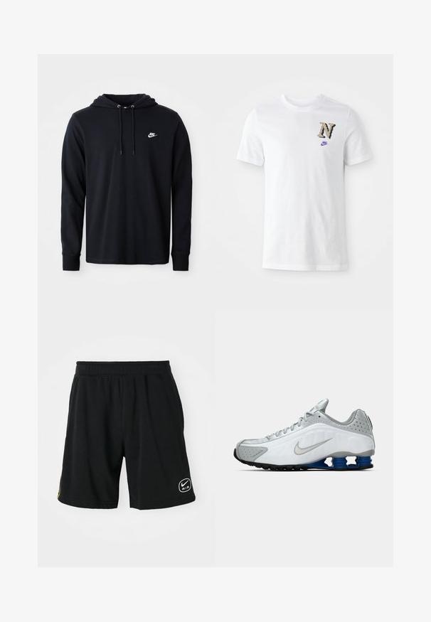 Sudadera negra de Nike de manga larga con capucha ajustable y pequeño logo blanco de Nike en el lado izquierdo del pecho, exhibida sobre un fondo blanco liso.; Camiseta blanca de algodón con un logo "N" de patrón camuflaje y un pequeño swoosh morado de Nike en el pecho. Diseño clásico de cuello redondo.; Pantalones cortos deportivos negros de tela suave, con una cintura elástica, detalle del logo y franjas amarillas en contraste a los lados.; Zapatilla de running Nike en blanco y gris con el swoosh plateado, unidades de suela azul en forma de resorte y banda de rodadura negra sobre un fondo liso.