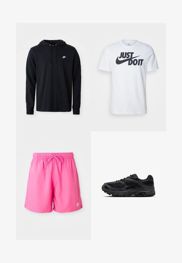 Sudadera negra de Nike de manga larga con capucha ajustable y pequeño logo blanco de Nike en el lado izquierdo del pecho, exhibida sobre un fondo blanco liso.; Camiseta de algodón blanca con un prominente logo negro "Just Do It" y el swoosh de Nike. Diseño clásico de cuello redondo con mangas cortas.; Pantalones cortos deportivos rosa con cinturilla elástica y cordón. Fabricados en un material ligero, cuentan con aberturas laterales y un pequeño detalle de logo.; Zapatilla de correr Nike en negro y gris oscuro con tejido de malla, superposiciones de ante, suela acolchada y unidades de aire visibles en el talón y la parte delantera del pie.