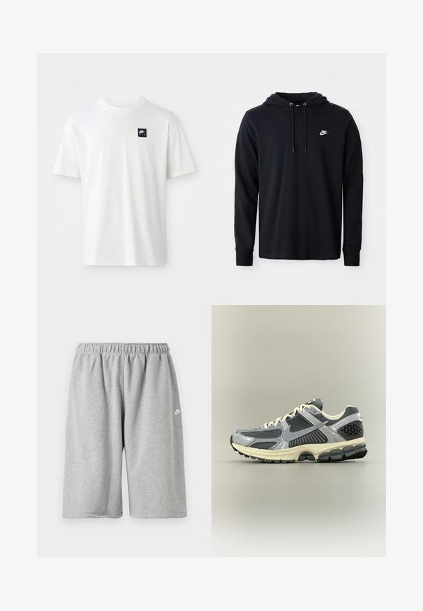 Schwarze Nike-Hoodie mit langen Ärmeln und Kapuze mit Kordelzug sowie kleinem weißen Nike-Logo auf der linken Brust, präsentiert vor einem schlichten weißen Hintergrund.; Weißes Baumwoll-T-Shirt mit kurzen Ärmeln und Rundhalsausschnitt; zeigt ein kleines schwarzes rechteckiges Nike Air-Logo auf der linken Brust.; Graue Baumwollshorts mit elastischem Bund, locker geschnitten und einem kleinen weißen Logo nahe dem Saum. Glatte Textur, knielang.; Grauer und schwarzer Nike Laufschuh mit weißen Schnürsenkeln und beiger Sohle, von der Seite auf neutralem Hintergrund gezeigt.
