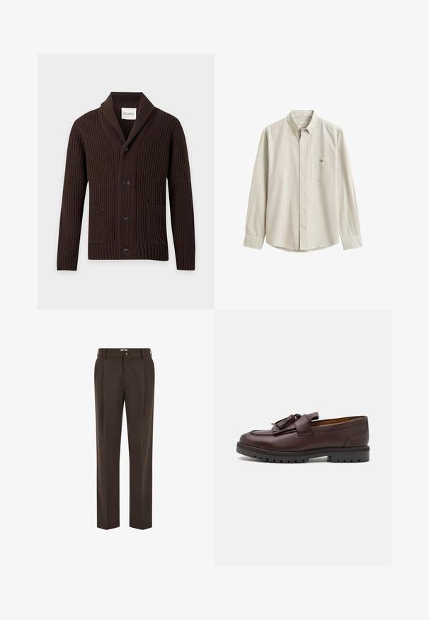 Cardigan en maille côtelée marron foncé avec col châle, quatre boutons noirs et deux poches avant, présenté sur fond uni.; Chemise beige et blanche à rayures verticales, à manches longues, boutonnée, avec col et poche poitrine, présentée à plat sans personne.; Pantalon marron foncé sur mesure avec plis à l'avant, passants de ceinture, fermeture par bouton et coupe droite.; Zign by Zalando Mocassins de ville - brown