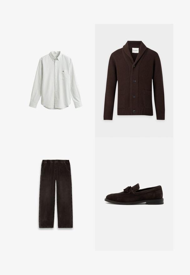 Cardigan en maille côtelée marron foncé avec col châle, quatre boutons noirs et deux poches avant, présenté sur fond uni.; Chemise blanche à manches longues avec fines rayures verticales grises et bleu clair, col boutonné, et poche poitrine avec petite broderie de logo.; Pantalon en velours côtelé marron foncé avec taille élastique et jambes droites, présenté à plat sur un fond blanc.; Mocassin homme en daim brun foncé avec pompons, coutures apparentes et petit talon, présenté de profil sur un fond uni.