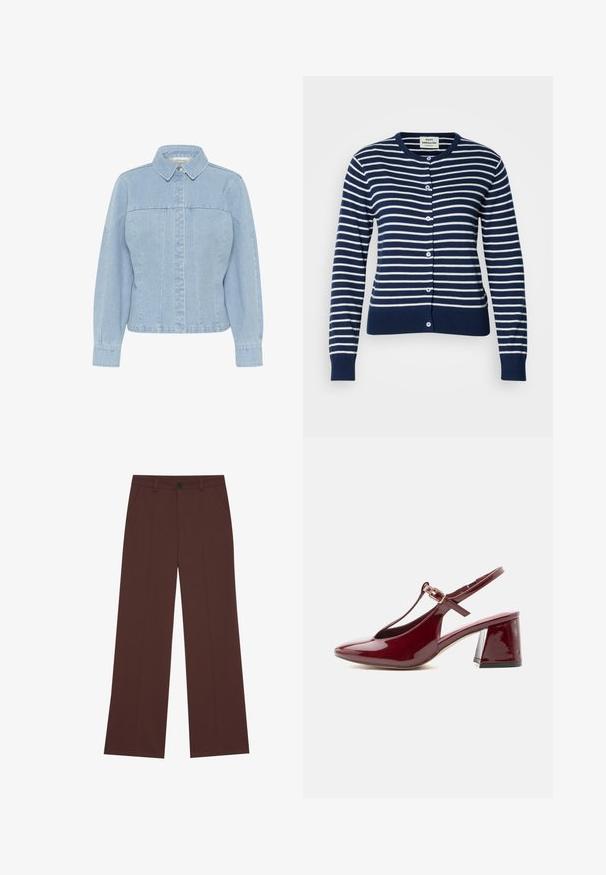 Marineblå og hvid stribet cardigan lavet af blødt stof. Den har rund halsudskæring, knaplukning samt ribbede manchetter og talje.; Lyseblå denimjakke med spidse kraver, frontknaplukning, lange ærmer og lodrette sømdetaljer. Glat tekstur.; Vide benbukser i en rig brun stof. Har en knaplukning, to forlommer, glat tekstur og rene linjer.; Blank bourgogne slingback dame sko med blok hæl, spids snude og T-rem med en guldbøjle.