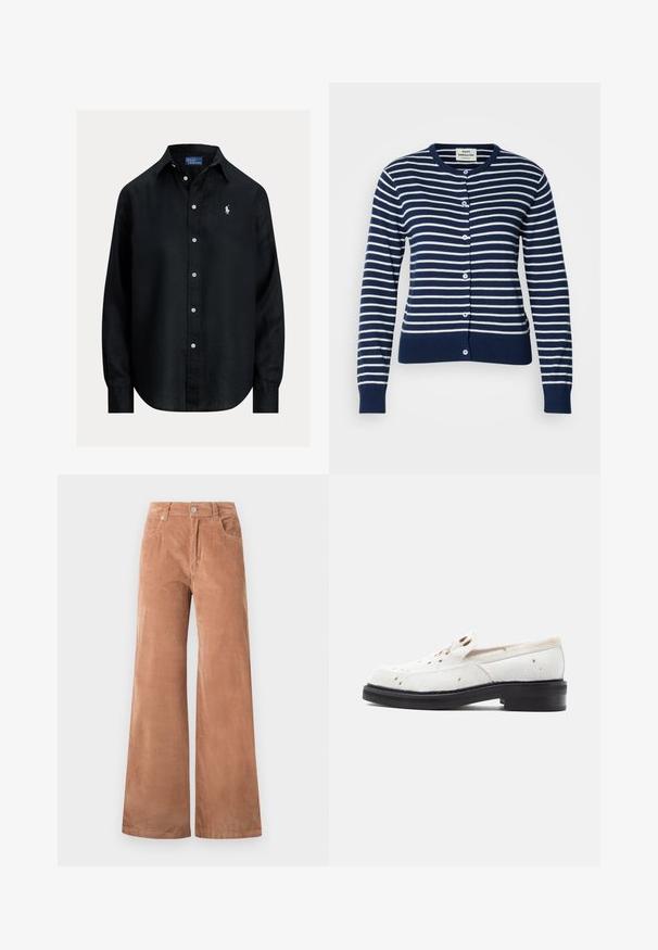 Maritiem en wit gestreepte cardigan van zacht materiaal. Heeft een ronde halslijn, knoopsluiting en geribde mouwen en tailleband.; Zwart overhemd met lange mouwen, knopen, kraag, witte knopen en klein wit geborduurd Polo Ralph Lauren-logo op de linkerborst.; Lichtbruine wijde corduroy broek met een sluiting met knoop en rits aan de voorkant, lopers voor een riem, en voorkruiszakken op een witte achtergrond.; Witte instapschoenen gemaakt van textuurachtig haarachtig materiaal, met bruine vlekjes, een lage zwarte hak en een glad, minimalistisch design.