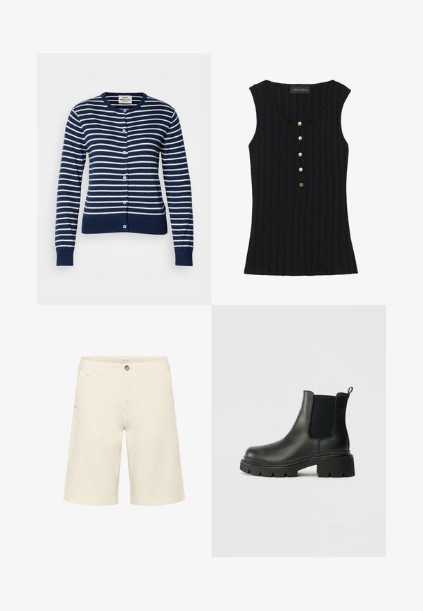 Cardigan rayé bleu marine et blanc en tissu doux. Présente un col rond, une fermeture à boutons et des poignets et une taille côtelés.; Haut sans manches noir avec texture côtelée, décolleté en V et cinq boutons en ton doré sur le devant. Étiquette visible au niveau du décolleté.; Shorts couleur crème en mélange de coton, présentant une fermeture à bouton, des passants de ceinture et des poches latérales ; texture lisse avec un design à coupe droite.; Bottines Chelsea en cuir noir avec des panneaux élastiques sur les côtés, une finition texturée et une semelle en caoutchouc épaisse. Comprend une languette pour un enfilage facile.