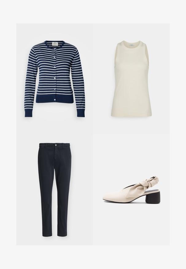 Marineblå og hvid stribet cardigan lavet af blødt stof. Den har rund halsudskæring, knaplukning samt ribbede manchetter og talje.; IVY OAK KLARA ANN - Top - almond milk; Mørkeblå mænds slim-fit afslappede bukser med knaplukning og bæltestropper, vist på en ensfarvet lysegrå baggrund.; Beige damesko med lav hæl, spids tå og en snoet remdetalje over vristen og hælen.