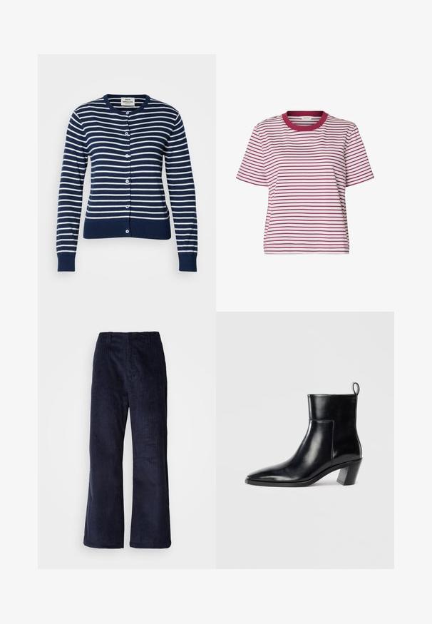 Marineblå og hvid stribet cardigan lavet af blødt stof. Den har rund halsudskæring, knaplukning samt ribbede manchetter og talje.; Hvid T-shirt med korte ærmer med tynde horisontale røde striber og en ensfarvet rød rund hals.; Mørkeblå kordfløjel brede bukser med lodrette ribber, elastisk talje og uden synligt hardware. Blød tekstur og afslappet pasform.; Sort læder ankelstøvle med spids tå, geometrisk stablet hæl og en løftestrop bagpå. Glat tekstur og slankt design.