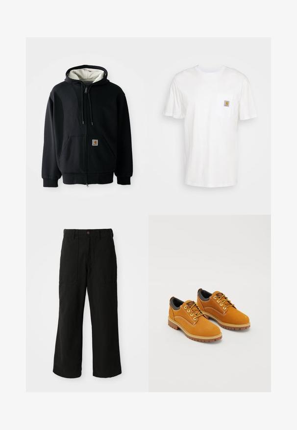 Hoodie zippé noir avec une doublure intérieure blanche, poches avant, capuche avec cordon de serrage et un petit patch logo sur la poche gauche. Texture de tissu lisse.; T-shirt en coton blanc à manches courtes, avec une poche poitrine et un petit patch logo carré en orange et blanc sur la poche.; Pantalons noirs à large jambe en tissu doux, dotés de poches avant et d'une fermeture à bouton à la taille. Design minimaliste sans motifs visibles.; Chaussures en daim marron avec un bout rond, des lacets jaunes, un col rembourré noir et des semelles en caoutchouc avec des rainures de traction.