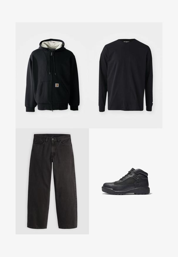 Schwarze Zip-Hoodie mit einem weißen Innenfutter, vorderen Taschen, Kordelzugkapuze und einem kleinen Logo-Patch auf der linken Tasche. Glatte Stoffstruktur.; Schwarzes Langarm-T-Shirt aus Baumwolle mit rundem Halsausschnitt und geradem Schnitt, mit einem kleinen Logodetail am Ärmel.; Schwarze gerade geschnittene Jeans aus Denim mit fünf Taschen und Gürtelschlaufen, flach auf einem einfarbigen hellen Hintergrund liegend dargestellt.; Schwarze Wanderstiefel aus Leder und Mesh, mit gepolstertem Kragen, Schnürverschluss, Gummisohle mit Profil und geprägtem Logo.