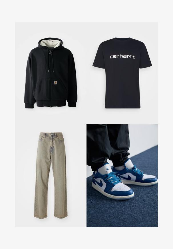 Hoodie zippé noir avec une doublure intérieure blanche, poches avant, capuche avec cordon de serrage et un petit patch logo sur la poche gauche. Texture de tissu lisse.; T-shirt en coton noir à manches courtes et col rond ; arbore le logo "carhartt" blanc imprimé sur la poitrine. Texture lisse, design simple.; Jeans larges gris clair en denim, présentant une texture décolorée, des coutures visibles et une fermeture à boutons et à zip traditionnelle.; Les baskets Nike Air Jordan présentent une base en cuir blanc avec des accents en synthétique bleu, une boîte à orteils perforée et des lacets bleus.