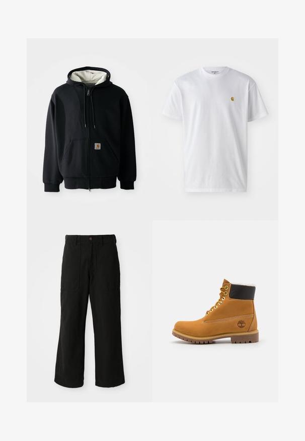 Schwarze Zip-Hoodie mit einem weißen Innenfutter, vorderen Taschen, Kordelzugkapuze und einem kleinen Logo-Patch auf der linken Tasche. Glatte Stoffstruktur.; Weißes Baumwoll-T-Shirt mit kurzen Ärmeln, Rundhalsausschnitt, mit einem kleinen goldenen Logo im linken Brustbereich. Weicher Stoff und normale Passform.; Schwarze weit geschnittene Hose aus weichem Stoff, mit Fronttaschen und einem Knopfverschluss an der Taille. Minimalistisches Design ohne sichtbare Muster.; Braune Leder-Ankle-Boots mit Metallösen, weißem Kunstfellfutter, schwarzem gepolstertem Kragen, robustem Sohlenprofil und geprägtem Logo an der Seite.
