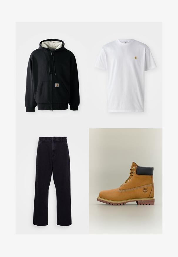 Schwarze Zip-Hoodie mit einem weißen Innenfutter, vorderen Taschen, Kordelzugkapuze und einem kleinen Logo-Patch auf der linken Tasche. Glatte Stoffstruktur.; Weißes Baumwoll-T-Shirt mit kurzen Ärmeln, Rundhalsausschnitt, mit einem kleinen goldenen Logo im linken Brustbereich. Weicher Stoff und normale Passform.; Schwarze Jeanshose mit geradem Bein, ausgestattet mit einem Knopf- und Reißverschluss, Gürtelschlaufen und minimalen Nähdetails.; Brauner Leder-Stiefelette mit schwarzem Kragen, gelben Schnürsenkeln und hellbrauner Sohle. Verfügt über ein Logo und weiße Ziernähe. Robuste Profilsohle.