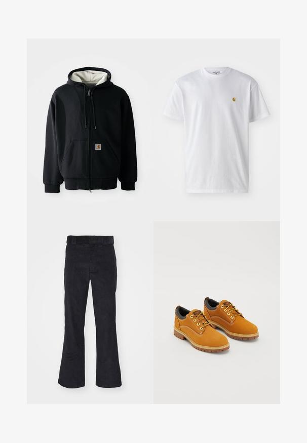 Sudadera con cremallera negra y forro interior blanco, con bolsillos frontales, capucha ajustable con cordones y un pequeño parche de logo en el bolsillo izquierdo. Textura de tela suave.; Camiseta de algodón blanca con mangas cortas, cuello redondo, que presenta un pequeño logo dorado en la parte izquierda del pecho. Textura suave y corte regular.; Pantalones de pana negros con un corte relajado, que presentan una cinturilla clásica y piernas acampanadas, textura suave y sin patrones o acentos visibles.; Zapatos de ante marrón con punta redonda, cordones amarillos, un collar acolchado negro y suelas de goma con surcos de tracción.