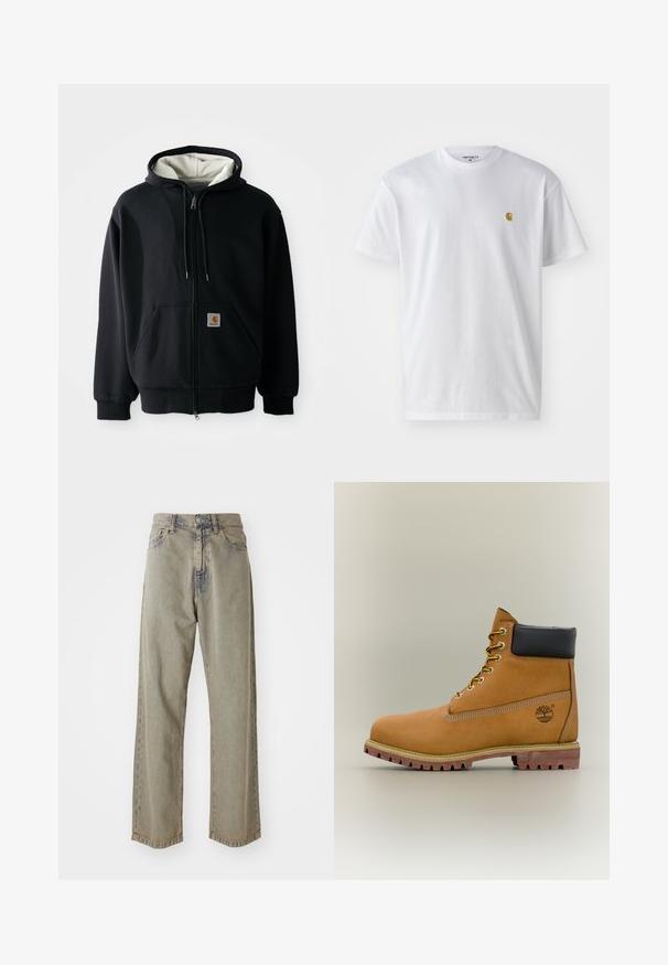 Schwarze Zip-Hoodie mit einem weißen Innenfutter, vorderen Taschen, Kordelzugkapuze und einem kleinen Logo-Patch auf der linken Tasche. Glatte Stoffstruktur.; Weißes Baumwoll-T-Shirt mit kurzen Ärmeln, Rundhalsausschnitt, mit einem kleinen goldenen Logo im linken Brustbereich. Weicher Stoff und normale Passform.; Helle graue, weit geschnittene Jeans aus Denim, mit einer ausgebleichtenen Textur, sichtbaren Nähten und traditionellem Knopf- und Reißverschluss.; Brauner Leder-Stiefelette mit schwarzem Kragen, gelben Schnürsenkeln und hellbrauner Sohle. Verfügt über ein Logo und weiße Ziernähe. Robuste Profilsohle.