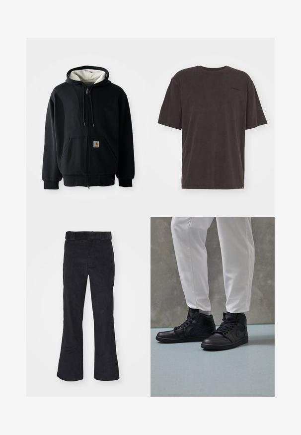 Sudadera con cremallera negra y forro interior blanco, con bolsillos frontales, capucha ajustable con cordones y un pequeño parche de logo en el bolsillo izquierdo. Textura de tela suave.; Camiseta de algodón gris oscuro con cuello redondo, mangas cortas y un detalle de logo en la parte superior izquierda. Textura suave con un ajuste relajado.; Pantalones de pana negros con un corte relajado, que presentan una cinturilla clásica y piernas acampanadas, textura suave y sin patrones o acentos visibles.; Zapatillas altas negras de cuero suave, con punta redonda y cierre de cordones; combinadas con pantalones blancos ajustados, exhibidas sobre un suelo texturizado.