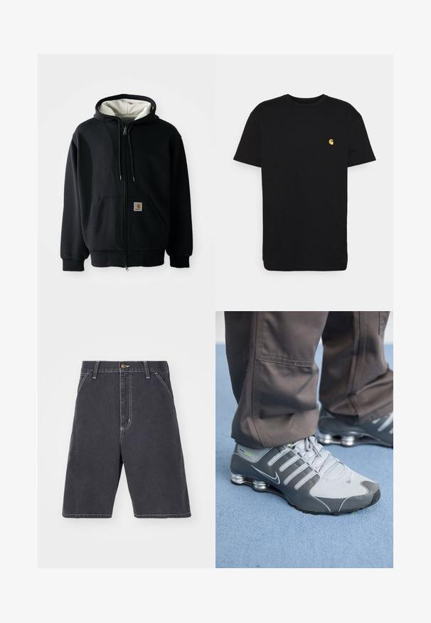 Schwarze Zip-Hoodie mit einem weißen Innenfutter, vorderen Taschen, Kordelzugkapuze und einem kleinen Logo-Patch auf der linken Tasche. Glatte Stoffstruktur.; Schwarzes Baumwoll-T-Shirt mit kurzen Ärmeln, Rundhalsausschnitt und einem kleinen gelben Logo im linken Brustbereich. Einfaches Design und normale Passform.; Dunkelgraue Denim-Shorts mit lockerer Passform, die einen Knopfverschluss, Gürtelschlaufen und dezente weiße Nähte aufweisen. Keine sichtbaren Taschen.; Graue und silberne Nike Shox Sneakers zeichnen sich durch ein schlankes Design aus, mit Netz- und Synthetikmaterialien, einer abgerundeten Zehenpartie und einem gepolsterten Schuhkragen.