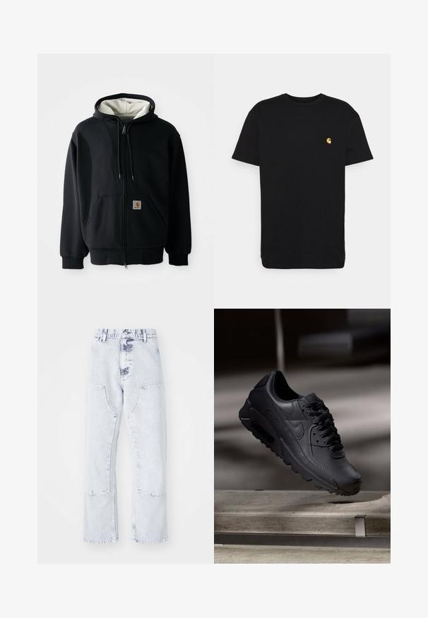 Schwarze Zip-Hoodie mit einem weißen Innenfutter, vorderen Taschen, Kordelzugkapuze und einem kleinen Logo-Patch auf der linken Tasche. Glatte Stoffstruktur.; Schwarzes Baumwoll-T-Shirt mit kurzen Ärmeln, Rundhalsausschnitt und einem kleinen gelben Logo im linken Brustbereich. Einfaches Design und normale Passform.; Hellblaue Denim-Jeans im Straight-Leg-Schnitt mit aufgesetzten Taschen, hoher Taille und einem verwaschenen Finish. Mit tonalem Nähen und einem lässigen Schnitt.; Schwarze Nike Air Max Sneaker mit einem strukturierten Leder-Obermaterial, Gummisohle und auffälligem Schnürsystem, das ein schlankes, modernes Design präsentiert.