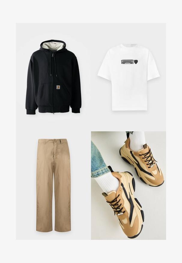 Hoodie zippé noir avec une doublure intérieure blanche, poches avant, capuche avec cordon de serrage et un petit patch logo sur la poche gauche. Texture de tissu lisse.; T-shirt blanc en coton avec un motif noir représentant un tramway en forme de cœur, col rond et manches courtes. Design simple et minimaliste.; Pantalons beige à jambes droites avec passants pour ceinture, fermeture par bouton et braguette zippée, présentés sur un fond clair uni.; Steve Madden POSSESS - Baskets basses - khaki