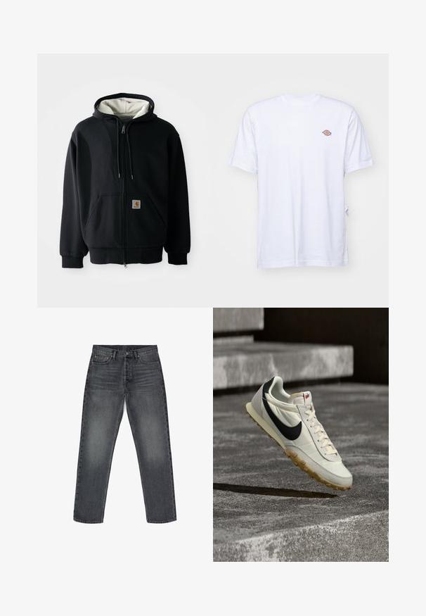 Schwarze Zip-Hoodie mit einem weißen Innenfutter, vorderen Taschen, Kordelzugkapuze und einem kleinen Logo-Patch auf der linken Tasche. Glatte Stoffstruktur.; Weißes Baumwoll-T-Shirt mit V-Ausschnitt und kurzen Ärmeln. Besitzt ein kleines, buntes, gesticktes Logo auf der linken Brustseite. Weiches Material.; Graue Jeans aus Denim mit geradem Schnitt, fünf Taschen, Knopfverschluss und dezentem Verblassen. Verstärkte Nähte und Kupferakzente.; Weißer und schwarzer Nike-Sneaker mit Kautschuksohle, über Betontreppen schwebend, beleuchtet von natürlichem Sonnenlicht.