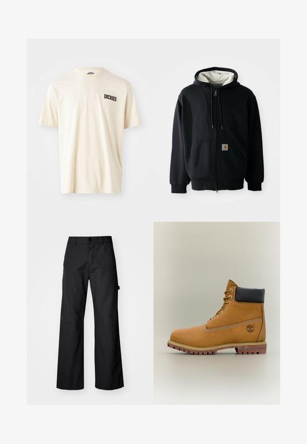 Sudadera con cremallera negra y forro interior blanco, con bolsillos frontales, capucha ajustable con cordones y un pequeño parche de logo en el bolsillo izquierdo. Textura de tela suave.; Camiseta de algodón color beige claro con mangas cortas y escote redondo. Presenta un texto de logotipo en color marrón oscuro "DICKIES" en la zona del lado izquierdo del pecho.; Pantalones anchos, negros, fabricados con un tejido durable. Cierre de botón y bolsillos laterales. Textura suave con un diseño limpio.; Bota de tobillo de cuero marrón con cuello negro, cordones amarillos y suela beige. Presenta un logotipo y detalles de costura blanca. Suela exterior con tracción robusta.