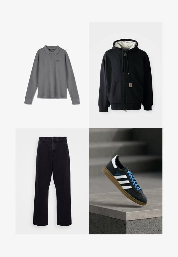 Schwarze Zip-Hoodie mit einem weißen Innenfutter, vorderen Taschen, Kordelzugkapuze und einem kleinen Logo-Patch auf der linken Tasche. Glatte Stoffstruktur.; Langarm-Polohemd aus gestreiftem grauem Stoff. Verfügt über einen Kragen, eine Drei-Knopf-Leiste und dezente schwarze Markenkennzeichnung auf der Brust.; Schwarze Jeanshose mit geradem Bein, ausgestattet mit einem Knopf- und Reißverschluss, Gürtelschlaufen und minimalen Nähdetails.; Schwarzer Adidas-Sneaker mit weißen Streifen, blauen Schnürsenkeln und Gummisohle, der über einer grauen Betontreppe im weichen Licht schwebt.