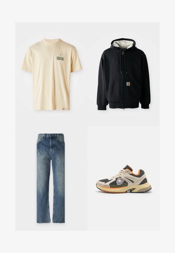 Sort hættetrøje med lynlås og hvit inderside, frontlommer, snor i hætten og et lille logo-patch på venstre lomme. Glat stoftekstur.; Cremefarvet bomulds-T-shirt med rund halsudskæring, korte ærmer og et grafisk tryk på venstre bryst, der viser et vintage fjernsyn.; Blå denimjeans med lige ben, der har en falmet vask, bæltestropper, forlommer og en enkelt baglomme.; Beige og sorte træningssko med mesh- og lædermaterialer, fremtrædende logo, orange detaljer og gummisål for godt greb.