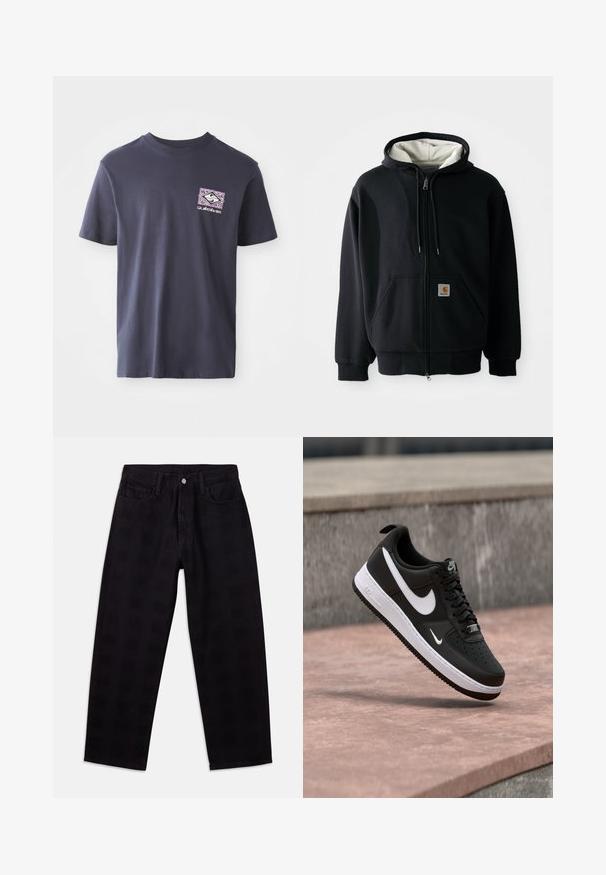 Sudadera con cremallera negra y forro interior blanco, con bolsillos frontales, capucha ajustable con cordones y un pequeño parche de logo en el bolsillo izquierdo. Textura de tela suave.; Camiseta de algodón azul marino con cuello redondo y mangas cortas. Presenta un estampado gráfico geométrico en púrpura y blanco en el lado izquierdo del pecho.; Jeans de mezclilla negra con un ajuste relajado, que cuentan con cierre de botones, diseño de cinco bolsillos y un patrón texturizado sutil en toda la tela.; Zapatilla Nike Air Force 1 en blanco y negro suspendida sobre una superficie de concreto rosa con un fondo de piedra gris.