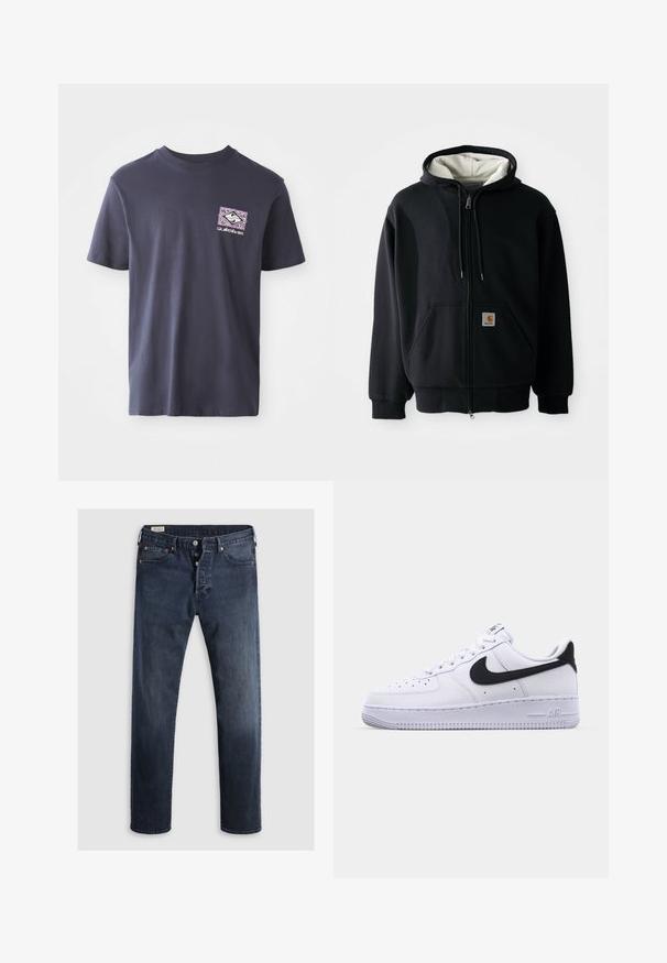 Schwarze Zip-Hoodie mit einem weißen Innenfutter, vorderen Taschen, Kordelzugkapuze und einem kleinen Logo-Patch auf der linken Tasche. Glatte Stoffstruktur.; Marineblaue Baumwoll-T-Shirt mit Rundhalsausschnitt und kurzen Ärmeln. Mit einem geometrischen Grafikdruck in Lila und Weiß auf der linken Brust.; Dunkelblaue Denim-Jeans mit geradem Bein, ausgestattet mit einem Reißverschluss, Metallknöpfen und Kupfernieten. Glatte Textur, keine sichtbaren Muster.; Weißes Leder-Sneaker mit einem strukturierten schwarzen Swoosh, flachen Schnürsenkeln und einer Gummisohle mit genoppetem Muster. "AIR" ist auf der Ferse eingeprägt.