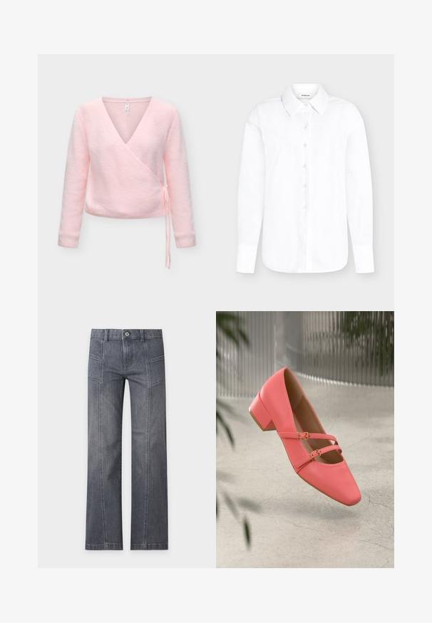 Pull doux rose style portefeuille avec manches longues et fermeture par nœud sur le côté, présenté sur un fond gris clair uni.; Chemise blanche à manches longues avec col pointu et poignets boutonnés sur fond gris clair.; Jean droit gris en denim avec détails sur la couture avant, passants de ceinture et fermeture par bouton sur un fond clair uni.; Chaussure basse à talon en cuir corail avec un bout pointu, dotée de deux sangles et de boucles en ton doré. Texture lisse, design minimaliste.