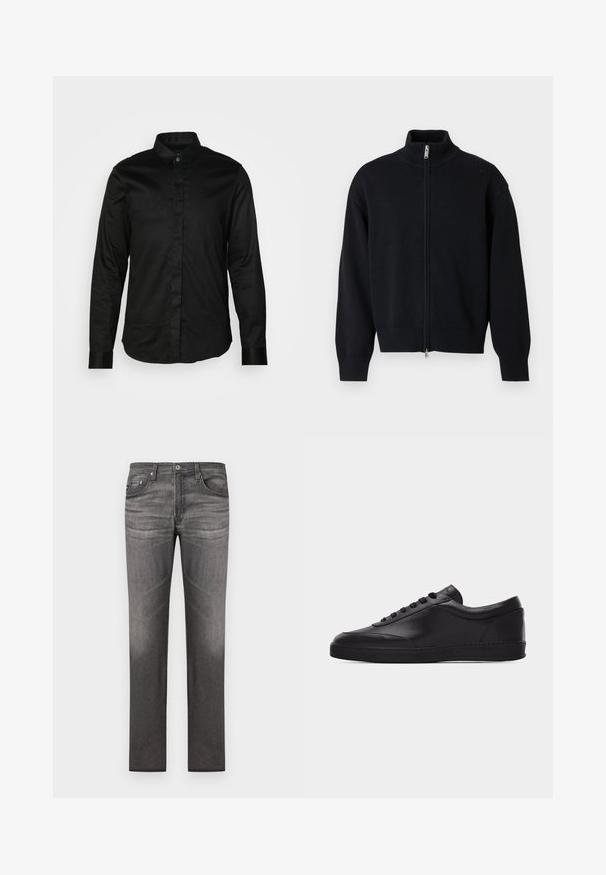 Sort langærmet strikket sweater med lynlås, høj krave og ribstrikkede manchetter og kant på en ensartet lys baggrund.; Sort langærmet skjorte fremstillet af glat stof, med krave, knaplukning foran og kontrasterende manchetter. Ingen synlige mønstre eller grafikker.; Mørkegrå denim jeans med lige ben, fem lommer, let forvitring og syede detaljer langs sømmene.; Sort lavtstående lædersneaker med snørebånd foran og flad gummisål, vist fra siden på en ensartet hvid baggrund.