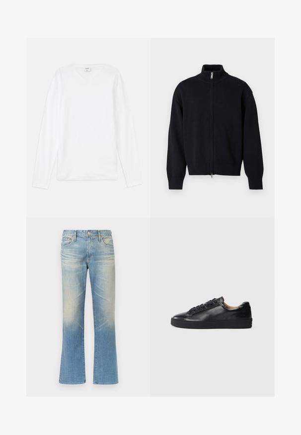 Sort langærmet strikket sweater med lynlås, høj krave og ribstrikkede manchetter og kant på en ensartet lys baggrund.; Hvid langærmet T-shirt med V-udskæring, lavet af blødt materiale, med en afslappet pasform og sideslids for nem bevægelse.; Lyseblå denim jeans med vidde, med en falmet finish, fem-lomme-design, lukkes med metal knap og lige sømme.; Sorte lædersneakers med en glat overflade, rund tå og snørebåndslukning. Har en tyk gummisål og minimal branddetalje.