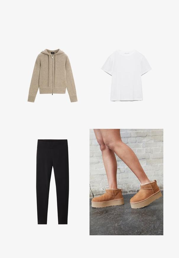 Beige strikket hættecardigan med lange ærmer, lynlås foran og ribstrikkede ærmeafslutninger og kant.; Hvid, kortærmet T-shirt med rund hals og lige kant, vist på en hvid baggrund.; Sorte leggings med en bred, elastisk talje. Fremstillet af et glat, strækbart materiale, skræddersyet til en tætsiddende silhuet uden synlige mønstre.; Brune ruskinds ankelsko med en blød foring, tyk beige plattformsål og en bageste løkke. Tekstureret overflade med synlige sømdetaljer.