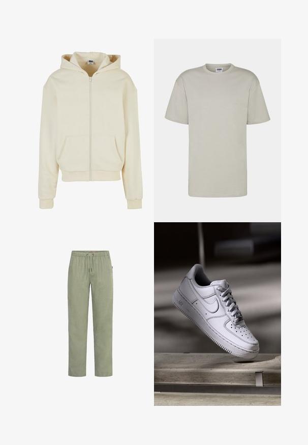 Haut à capuche crème en tissu doux, avec une fermeture éclair intégrale, deux poches avant et un capuchon avec cordon de serrage. Design classique et décontracté.; T-shirt en coton gris clair à manches courtes, col rond et coupe décontractée. Pas de motifs ou de designs visibles. Coutures plates et longueur standard.; Pantalon vert clair à jambes droites avec taille élastique et cordon de serrage, fabriqué en tissu doux.; La basket Nike Air Force 1 en cuir blanc présente un embout perforé, des lacets plats et une semelle en caoutchouc texturée avec le logo « AIR » sur le côté.