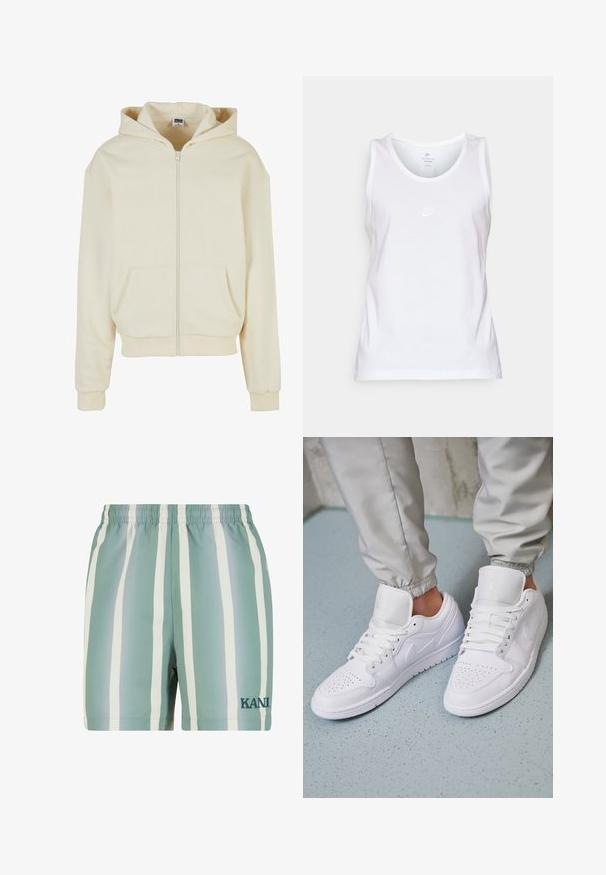 Sudadera cremosa hecha de tejido suave, con cremallera completa, dos bolsillos frontales y capucha con cordón. Diseño clásico de ajuste relajado.; Camiseta sin mangas de algodón blanca con escote redondo, diseño sin mangas y un pequeño logotipo tonal de Nike en la parte frontal. Textura suave.; Bañadores de color verde menta con rayas verticales blancas. Cuentan con una cintura elástica y un logo bordado de 'KANI' en verde oscuro. Textura suave.; Las zapatillas deportivas de cuero blanco cuentan con una caja de dedos perforada, cordones planos, un cuello acolchado y el logo de Jordan en la lengüeta. Las llevan puestas con pantalones joggers grises.