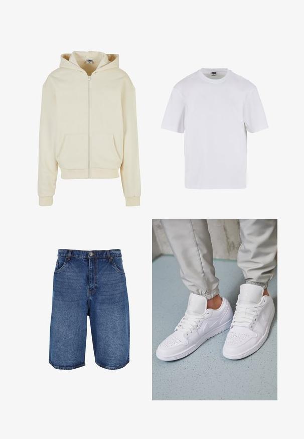 Cremefarbener Kapuzenpulli aus weichem Stoff, mit einem vollständigen Reißverschluss, zwei frontalen Taschen und einer Kapuze mit Kordelzug. Klassisches, lockeres Design.; Weißes T-Shirt mit kurzen Ärmeln aus Baumwolle. Besitzt einen Rundhalsausschnitt und eine lockere Passform. Glatte Textur, minimalistisches Design, ohne Muster oder Akzente.; Denim-Shorts in mittlerem Blau mit klassischem Design, fünf Taschen und einem Reißverschluss mit Knopfverschluss. Grobe Struktur und gerader Schnitt.; Weiße Ledersneaker mit perforierter Zehenbox, flachen Schnürsenkeln, gepolstertem Kragen und dem Jordan-Logo auf der Zunge. Getragen mit grauen Jogginghosen.