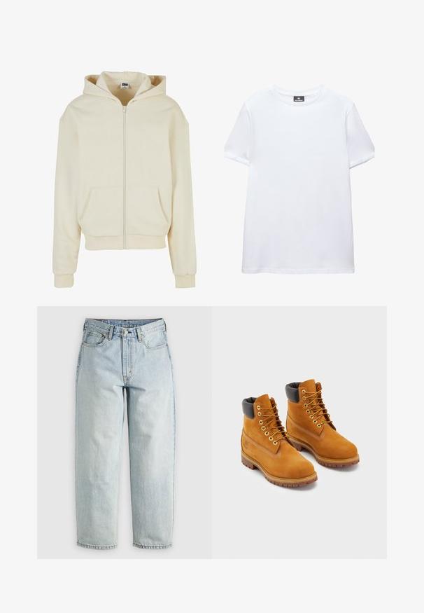 Crème hoodie van zachte stof, met een volledige rits, twee zakken aan de voorkant en een capuchon met trekkoord. Klassiek, relaxed fit ontwerp.; Effen wit T-shirt met korte mouwen en een ronde hals met een zwart Pull&Bear-label aan de binnenkant van de kraag, afgebeeld op een witte achtergrond.; Lichtblauwe denim jeans met een rechtBeen, vijf zakken en een knoopsluiting; heeft vervaagde gebieden en subtiele stikdetails.; Leren werklaarzen in bruin met een zwarte gewatteerde kraag, gouden veterogen en bruine rubberen zolen. Voorzien van contrasterende stiksels en een logo op de zijkant.