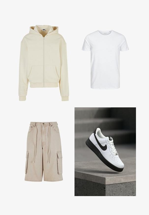 Cremefarbener Kapuzenpulli aus weichem Stoff, mit einem vollständigen Reißverschluss, zwei frontalen Taschen und einer Kapuze mit Kordelzug. Klassisches, lockeres Design.; Rundhals-T-Shirt mit kurzen Ärmeln in reinem Weiß, aus weicher Baumwolle, mit einem schlichten Design ohne sichtbare Muster oder Akzente.; Beige Cargo-Shorts aus Baumwolle mit einem Kordelzugbund, zwei Seitentaschen und einer einzelnen Seitentasche, mit sichtbaren Nähdetails.; Weißer Ledersneaker mit schwarzen Akzenten, abgerundetem Zehenbereich und perforierten Details. Schwarze Gummisohle mit strukturiertem Muster und Schnürverschluss.