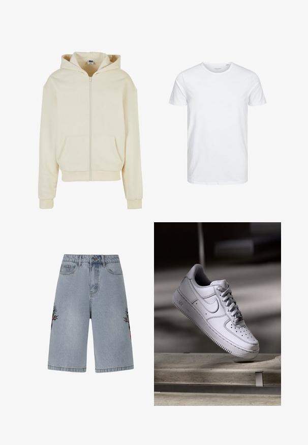 Creme hoodie lavet af blødt stof, med en fuld lynlås, to forlommer og en hætte med snoretræk. Klassisk, afslappet pasform.; Rundhals kortærmet t-shirt i ensfarvet hvid, lavet af blød bomuld, har et simpelt design uden synlige mønstre eller detaljer.; Ed Hardy HELL CATS DIAMANTE JORTS - Denimshorts - bleach; Hvid læder Nike Air Force 1 sneaker med perforeret tå, flade snørebånd og tekstureret gummisål med "AIR" branding på siden.